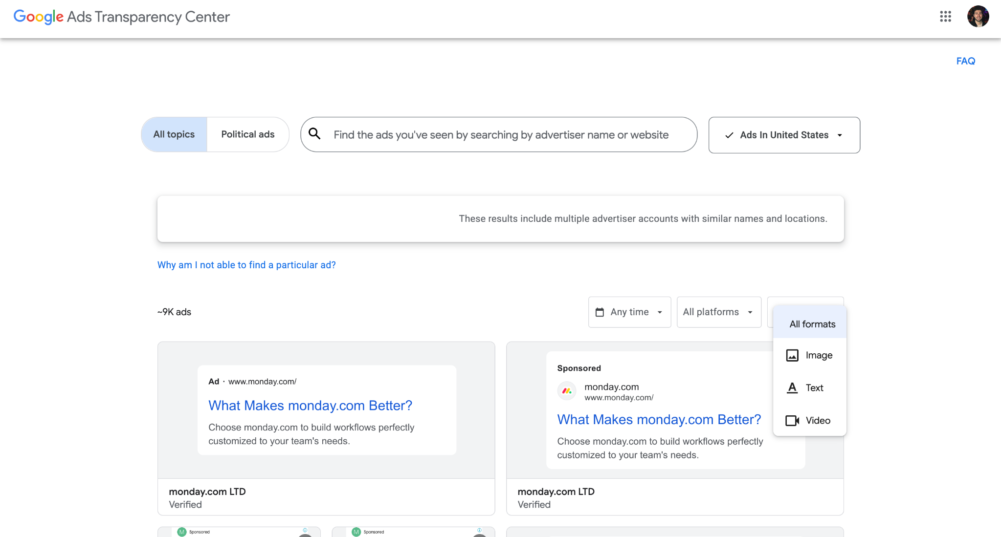 Format filter dropdown showing available ad format options in Google Ads Transparency Center