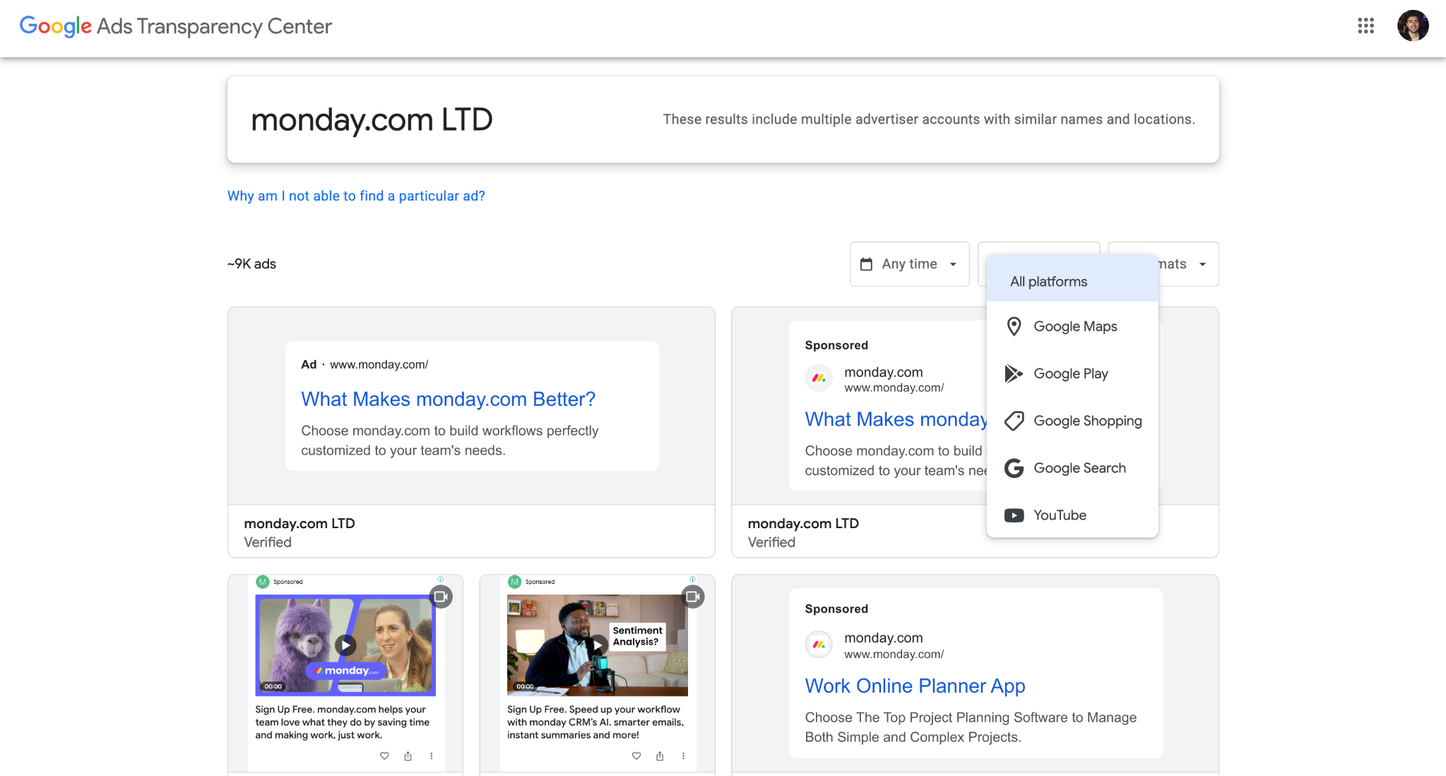 Platform filter dropdown showing available platform options in Google Ads Transparency Center