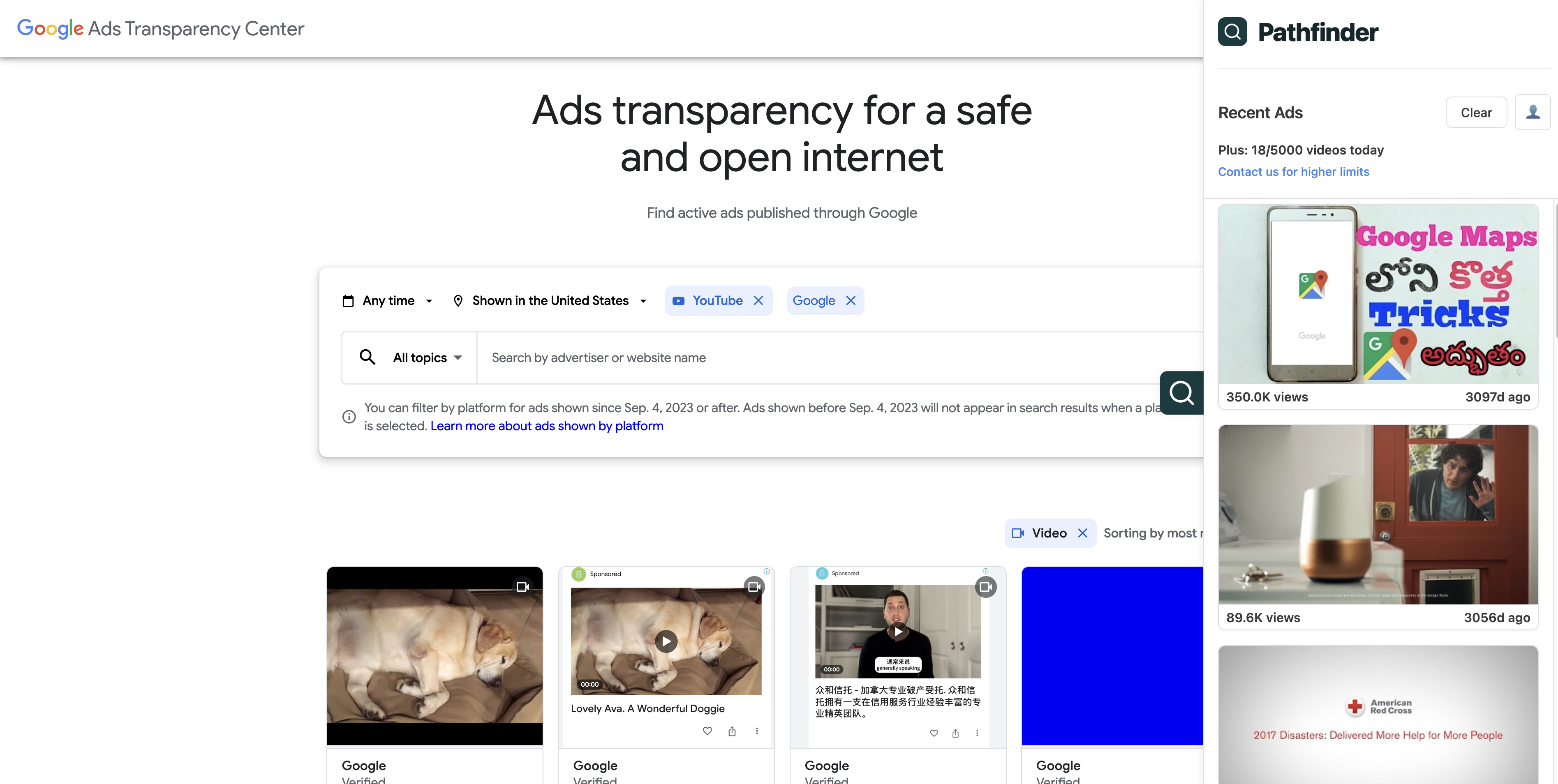 Pathfinder sidebar showing YouTube ad data